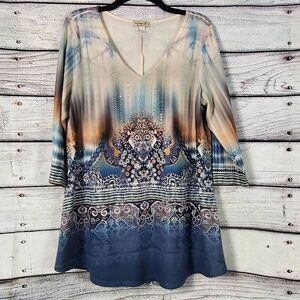 OneWorld XL Tunic Top Boho Ombre Lace Hem 3/4 Sleeve Multicolor Embellished Blou